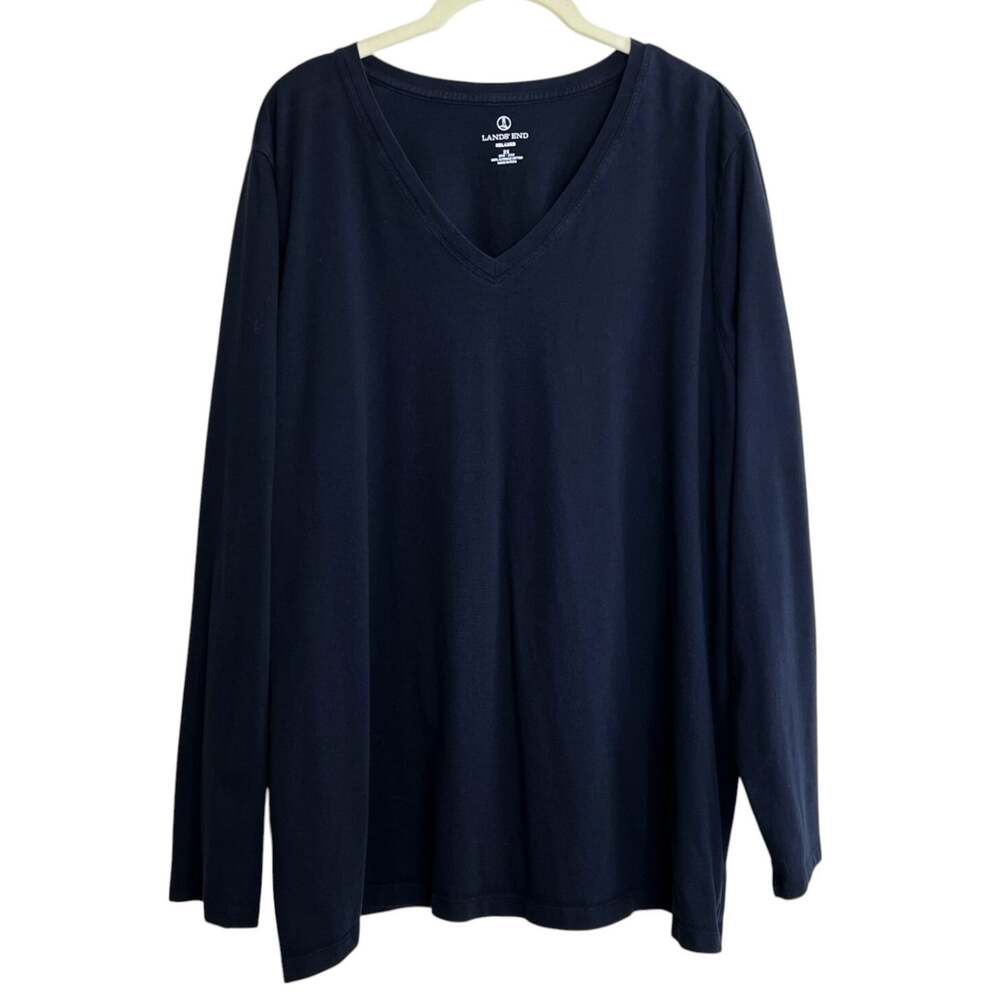 Lands End Relaxed Womens V-Neck Tee Size 2X Black Long Sleeve 100% Supima Cotton